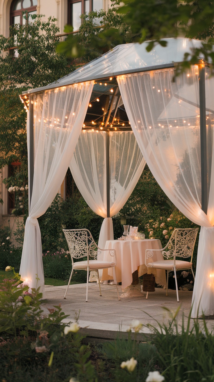 Cozy romantic patio with a draped canopy, elegant chairs, and string lights.