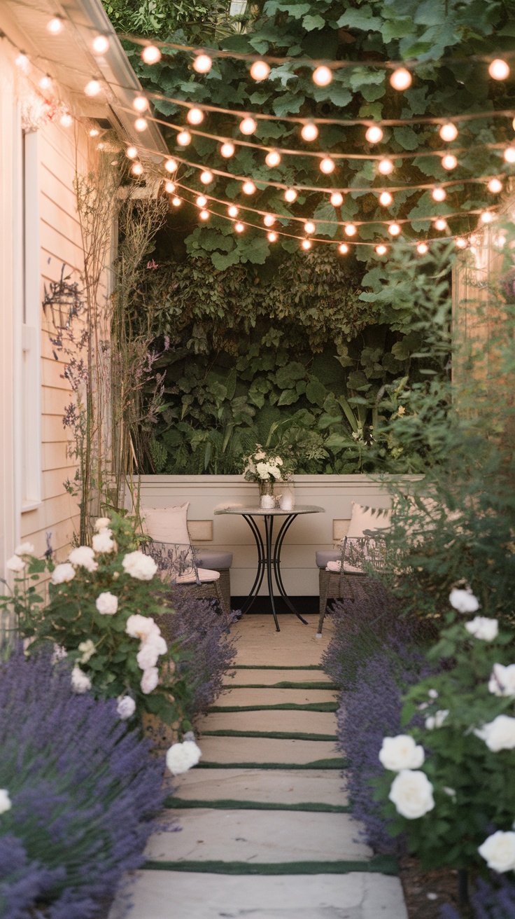 A side yard with a cozy seating area and string lights overhead, surrounded by flowers.