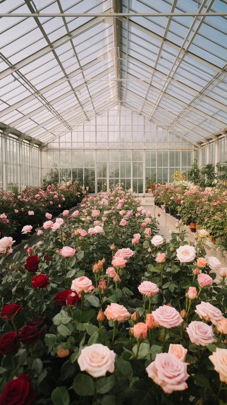 A greenhouse filled with a variety of roses in different colors