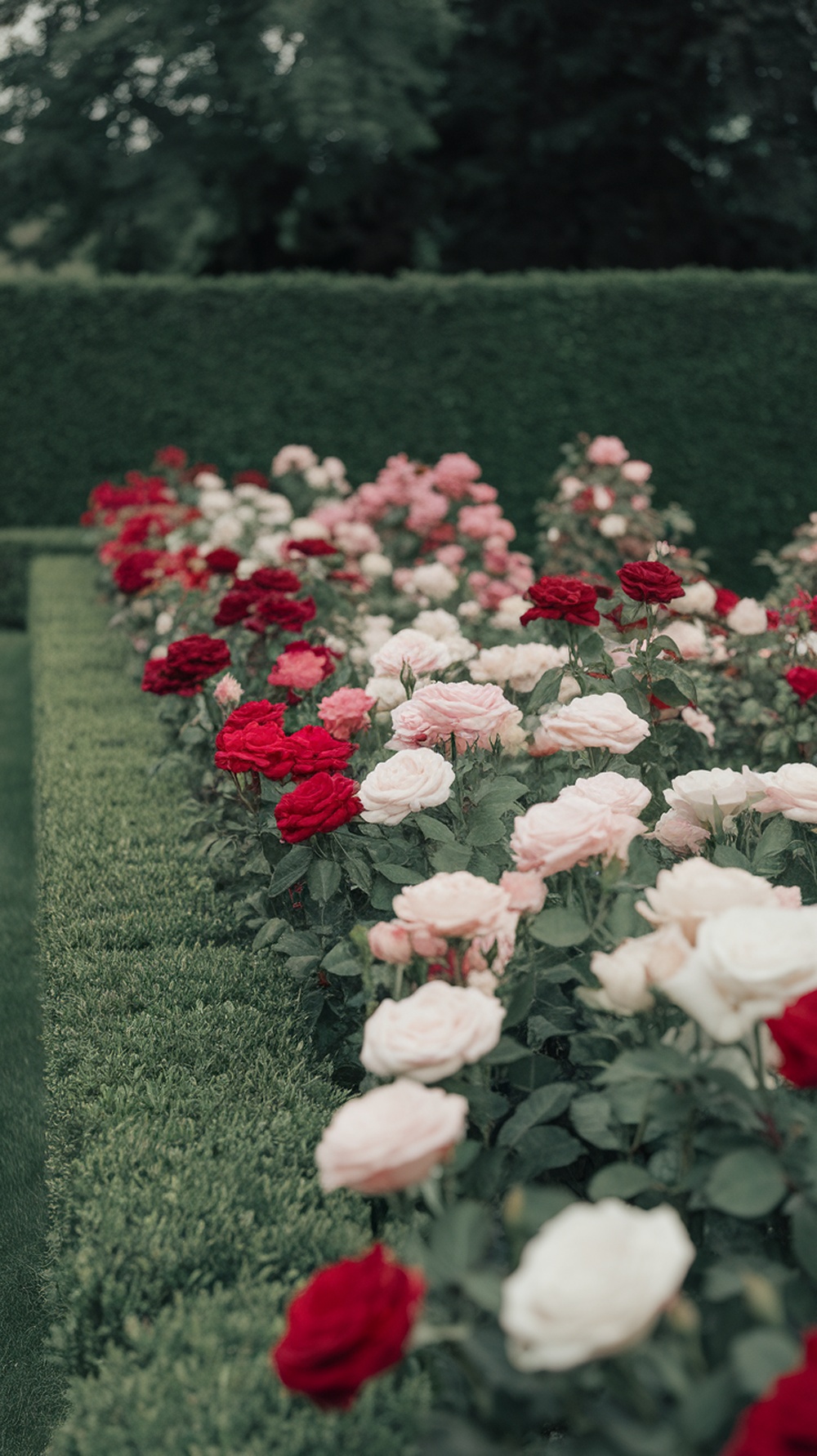 A beautiful rose garden with red, pink, and white roses bordered by lush greenery.