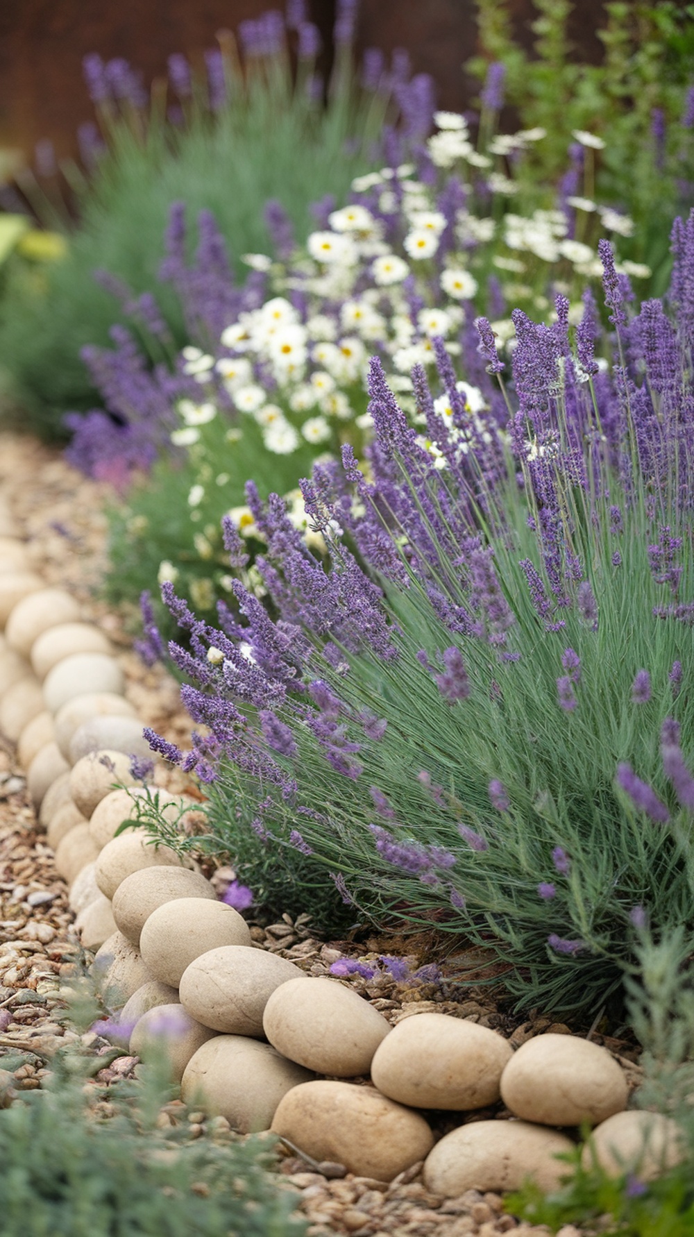 A garden featuring a round stone border with blooming lavender and white flowers.