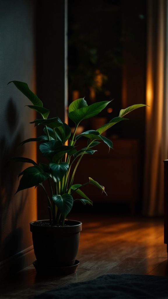 A rubber plant with large green leaves in a dimly lit corner of a room.