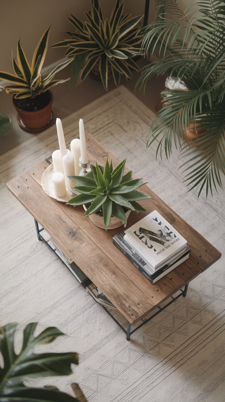 A cozy living room setup featuring a wooden coffee table with an aloe plant, candles, and books, surrounded by other greenery.