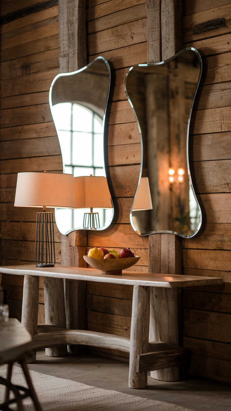 Three wooden framed mirrors of varying sizes leaning against a shelf with plants.