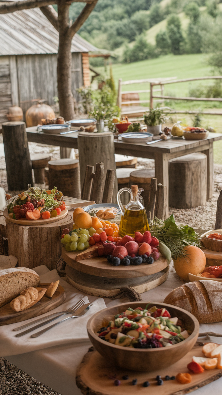 A rustic outdoor dining setup with fresh produce, wooden tables, and a scenic background.