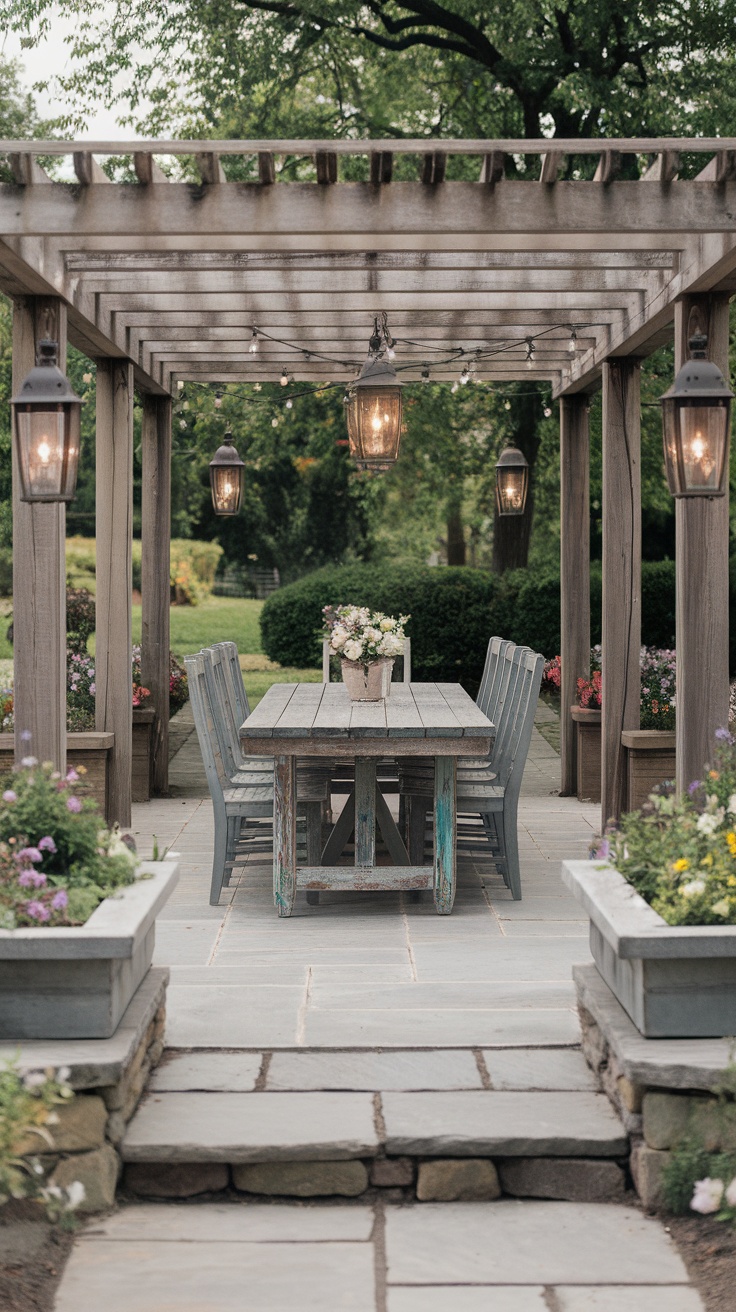 A rustic farmhouse patio featuring a wooden table, chairs, and lanterns surrounded by flowers.