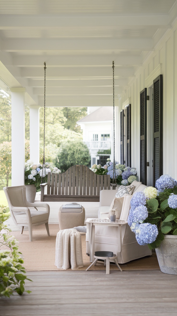 A rustic farmhouse patio featuring a wooden swing, comfortable seating, and blooming hydrangeas.