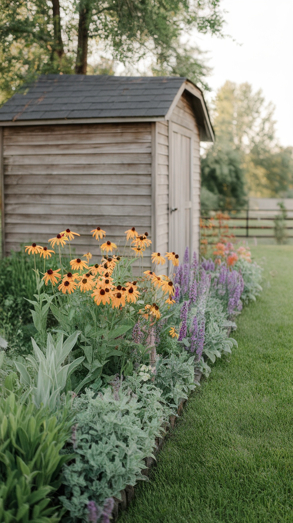 A rustic flower mix border with yellow coneflowers and purple blooms in front of a wooden shed.
