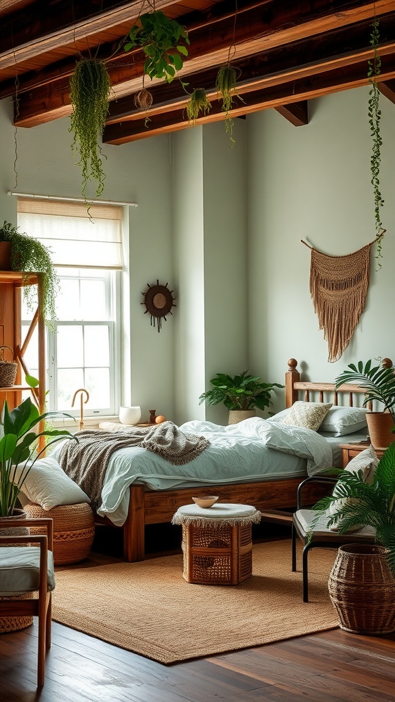 A cozy boho bedroom featuring sage green walls, rustic wooden furniture, and plenty of plants.