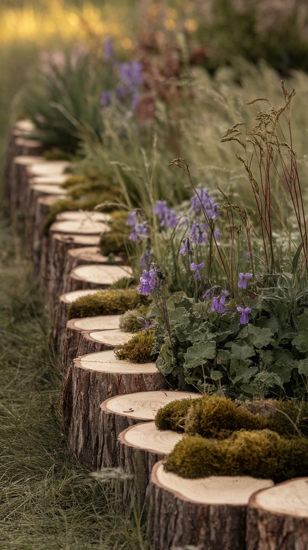 A rustic log border with purple flowers and greenery