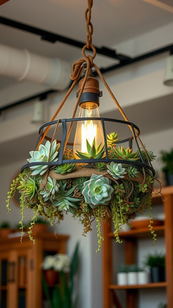 A rustic metal chandelier filled with various succulents and a light bulb.