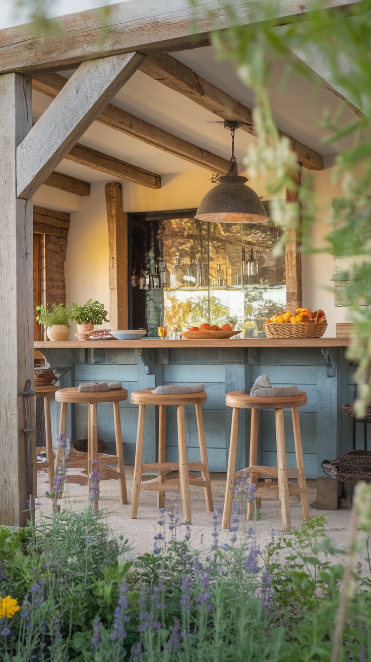 A rustic outdoor breakfast bar with wooden stools and a blue wooden structure surrounded by plants.