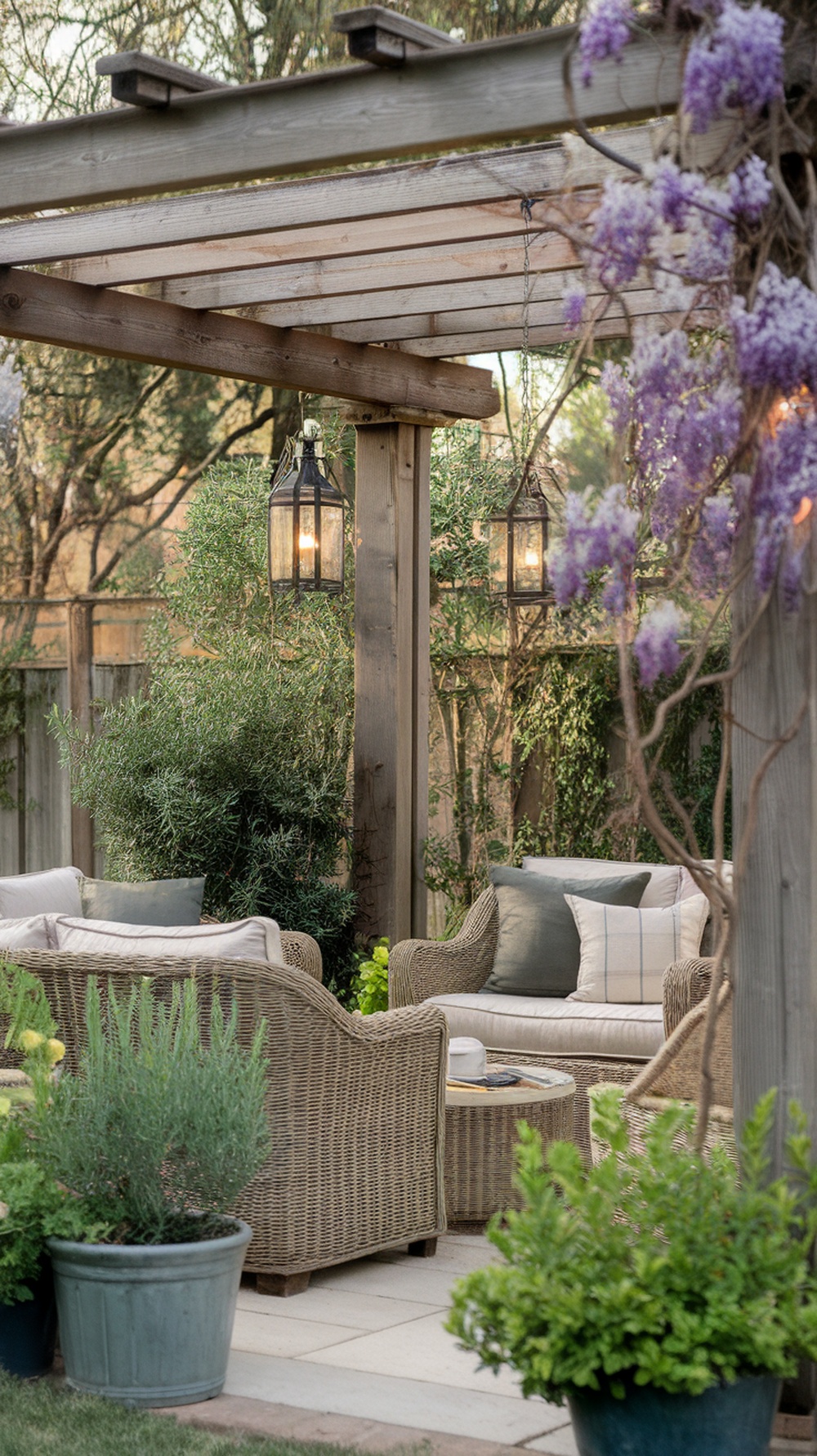 A rustic pergola lounge featuring hanging lanterns, wicker chairs, and potted plants.