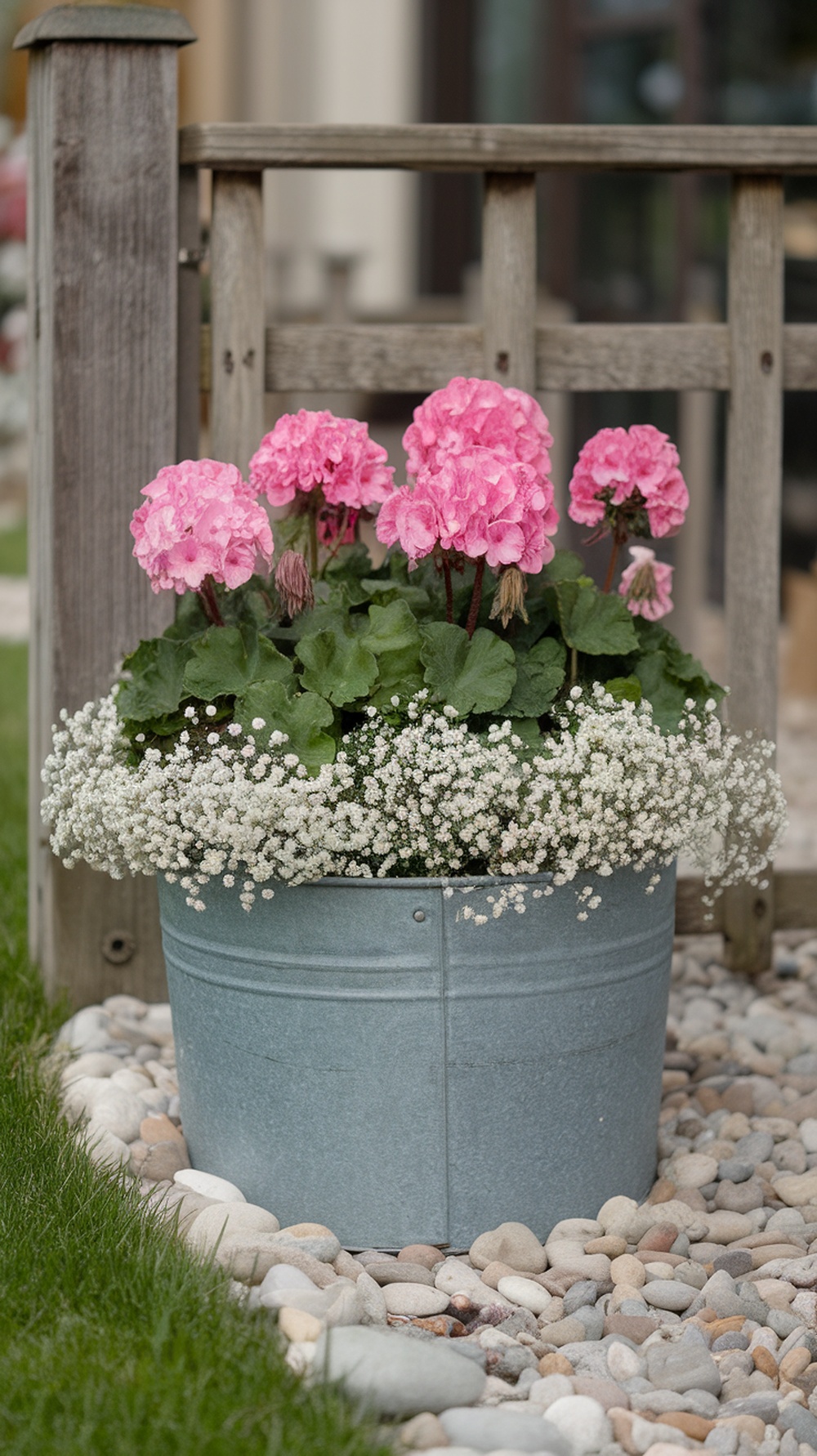 A rustic galvanized metal flower pot filled with pink geraniums and white alyssum, placed beside a wooden fence.