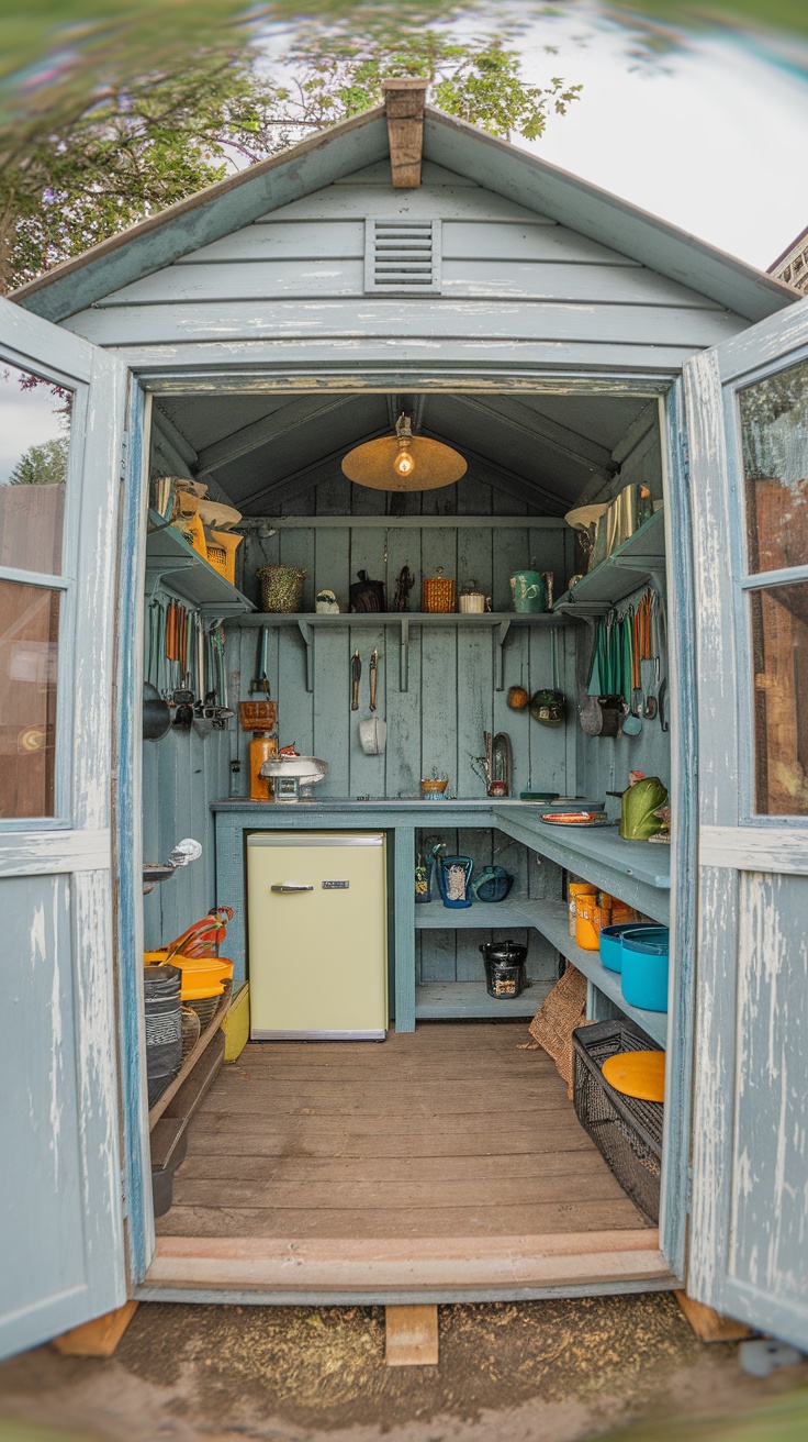 A rustic potting shed converted into an outdoor kitchen with shelves of kitchenware and a small refrigerator, surrounded by greenery.