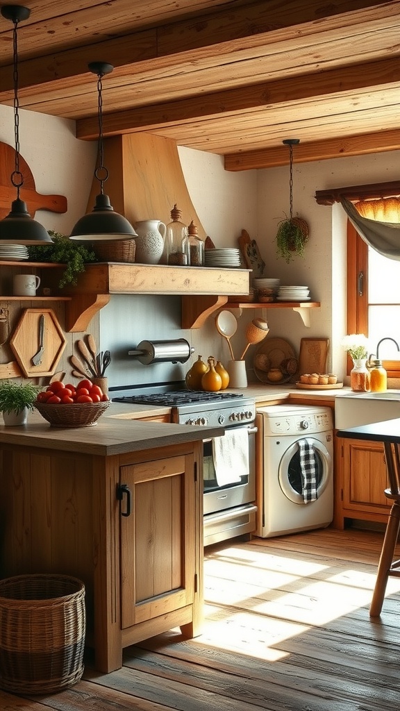A rustic kitchen featuring reclaimed wood cabinets and beams, illuminated by sunlight.