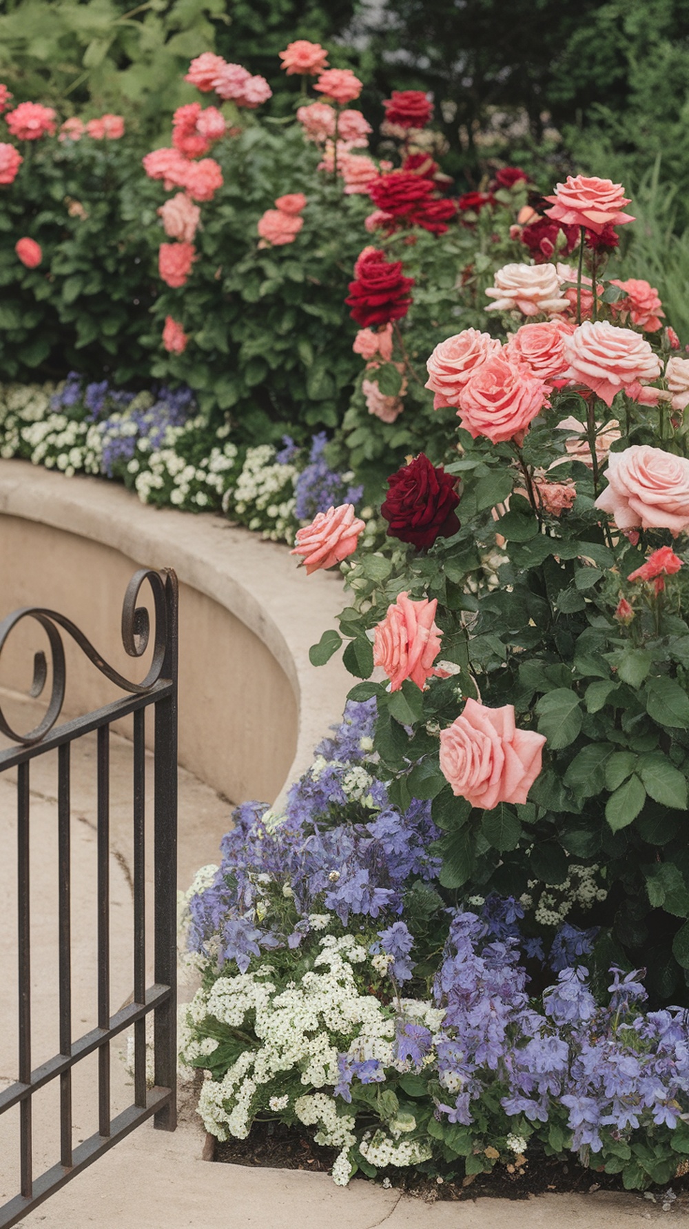 A beautiful garden with vibrant roses in shades of pink and red, surrounded by blue flowers and a decorative gate.