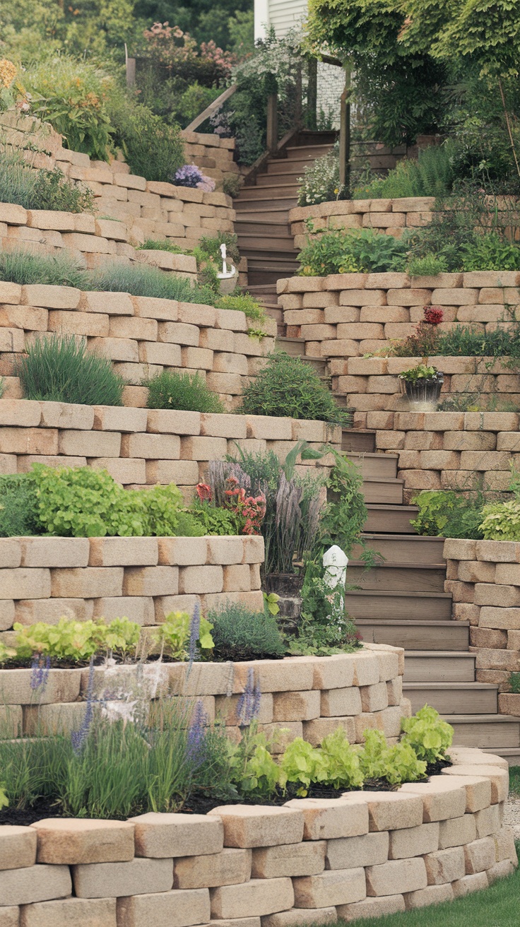 Stone retaining walls in a sloped yard with stairs and lush greenery