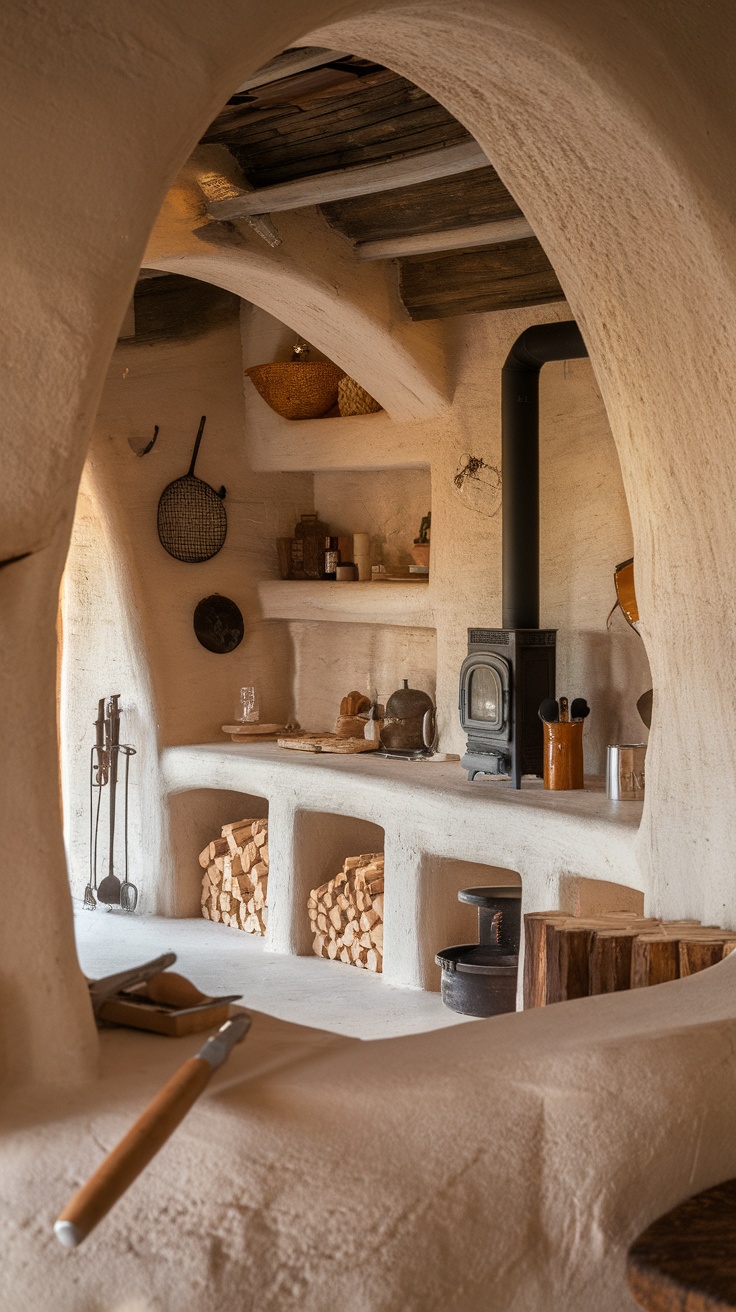 An inviting rustic outdoor kitchen featuring stonework, wooden shelves, and a small stove.