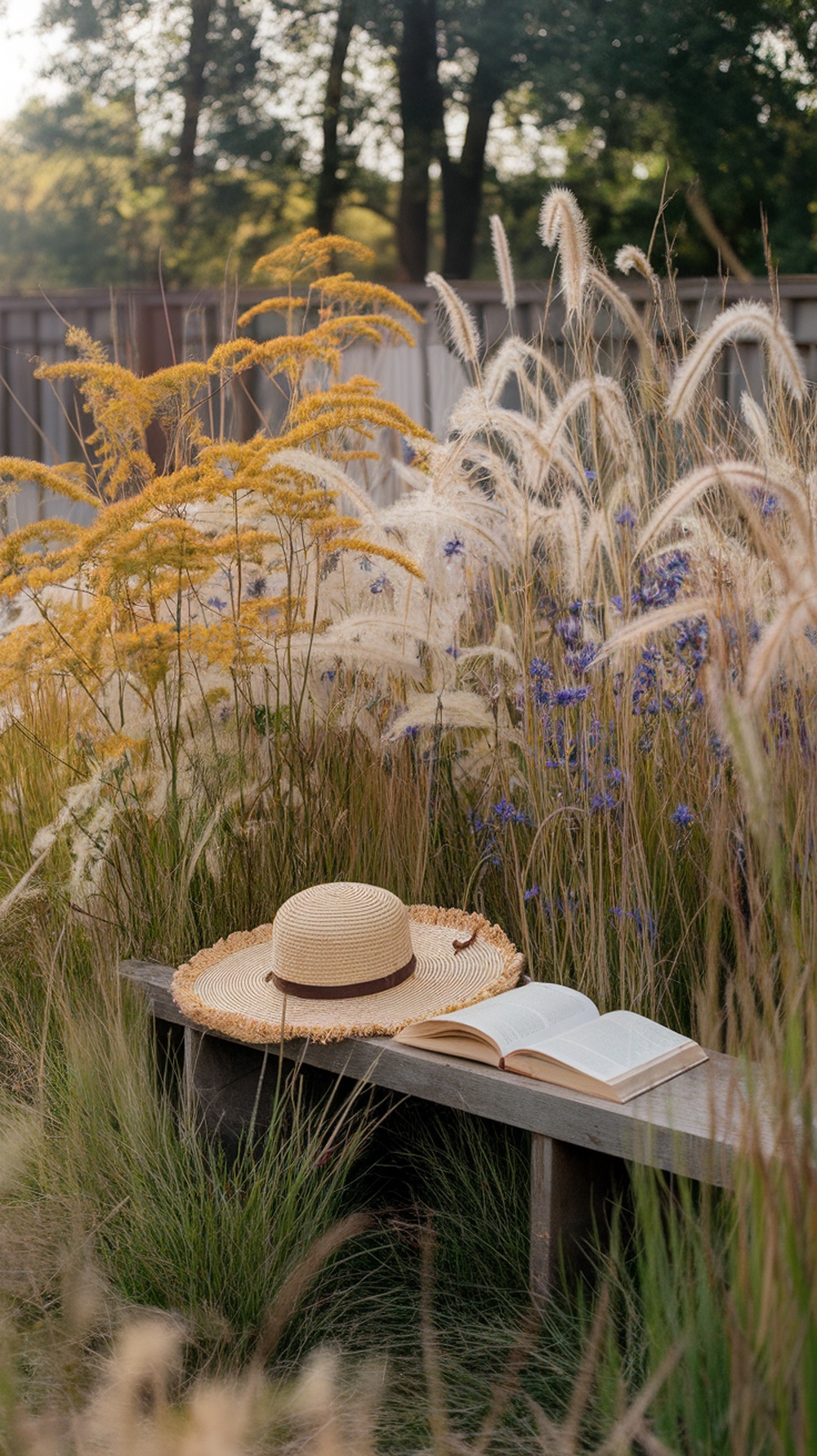 A rustic summer meadow corner with a wooden bench, a straw hat, and an open book surrounded by wildflowers and soft grasses.