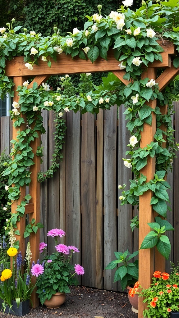 A rustic trellis with climbing vines and colorful flowers at its base.