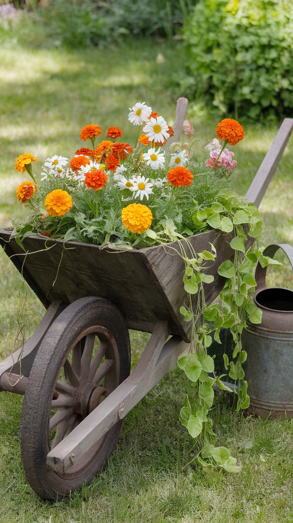 A rustic wooden wheelbarrow filled with vibrant flowers in a garden setting.