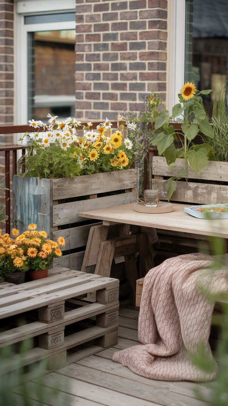 A rustic wooden balcony with seating made from pallets, surrounded by flowers and plants.