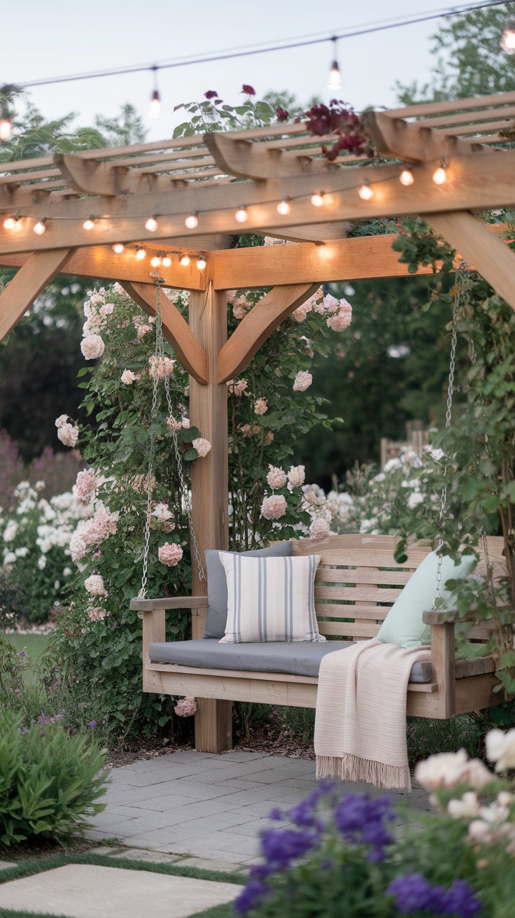 A rustic wooden pergola with a swing, surrounded by blooming roses and decorative string lights.