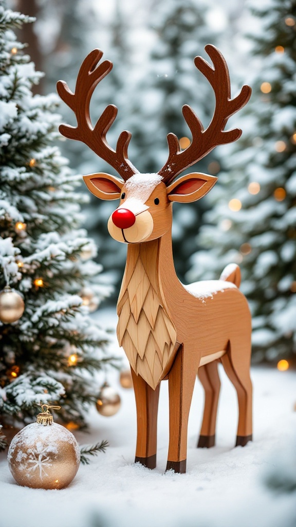 A charming wooden reindeer display in a snowy setting with Christmas ornaments.