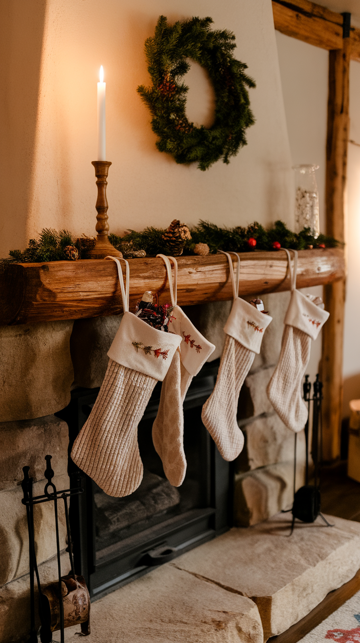 Rustic fireplace with wooden stockings, a candle, and a wreath above