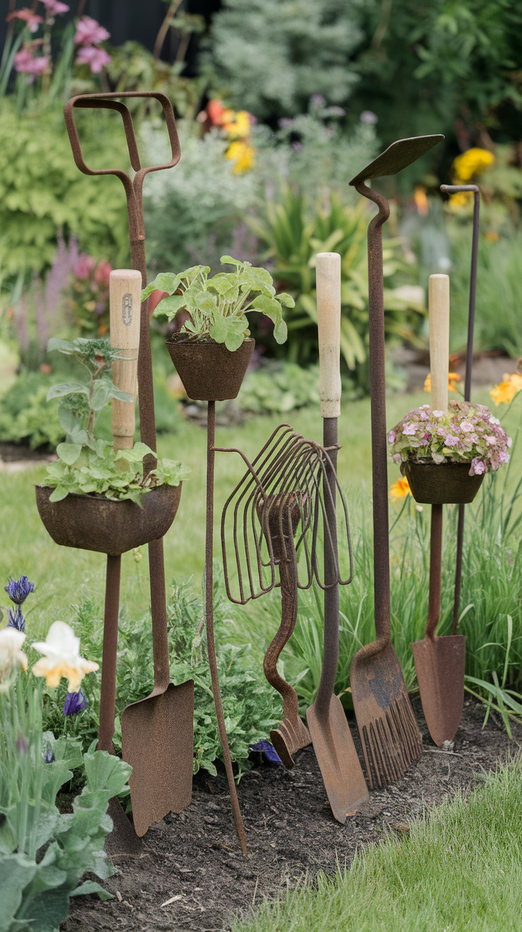 Rusty garden tools repurposed as plant holders in a garden