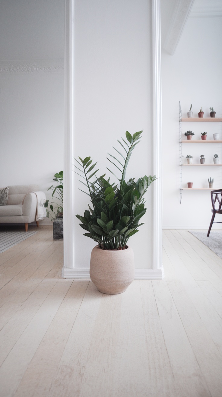 A living room with a ZZ plant in a textured pot, showcasing a Scandi minimal style.