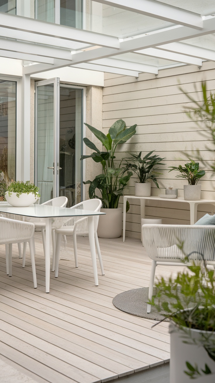 A minimalist Scandinavian-inspired outdoor patio with white furniture, potted plants, and natural light.