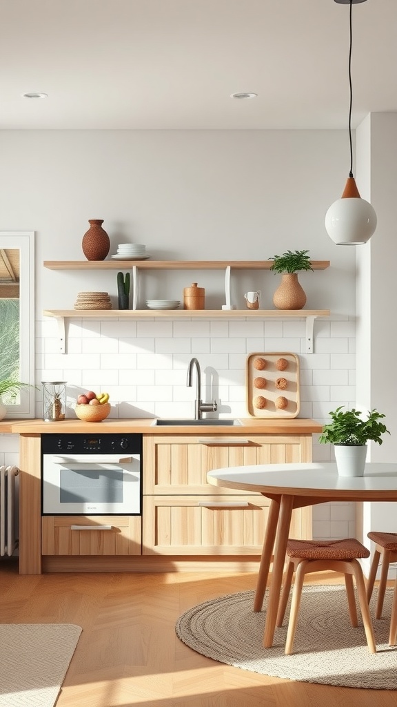 A modern Scandinavian kitchen with wood cabinetry, a round dining table, and minimal decor.