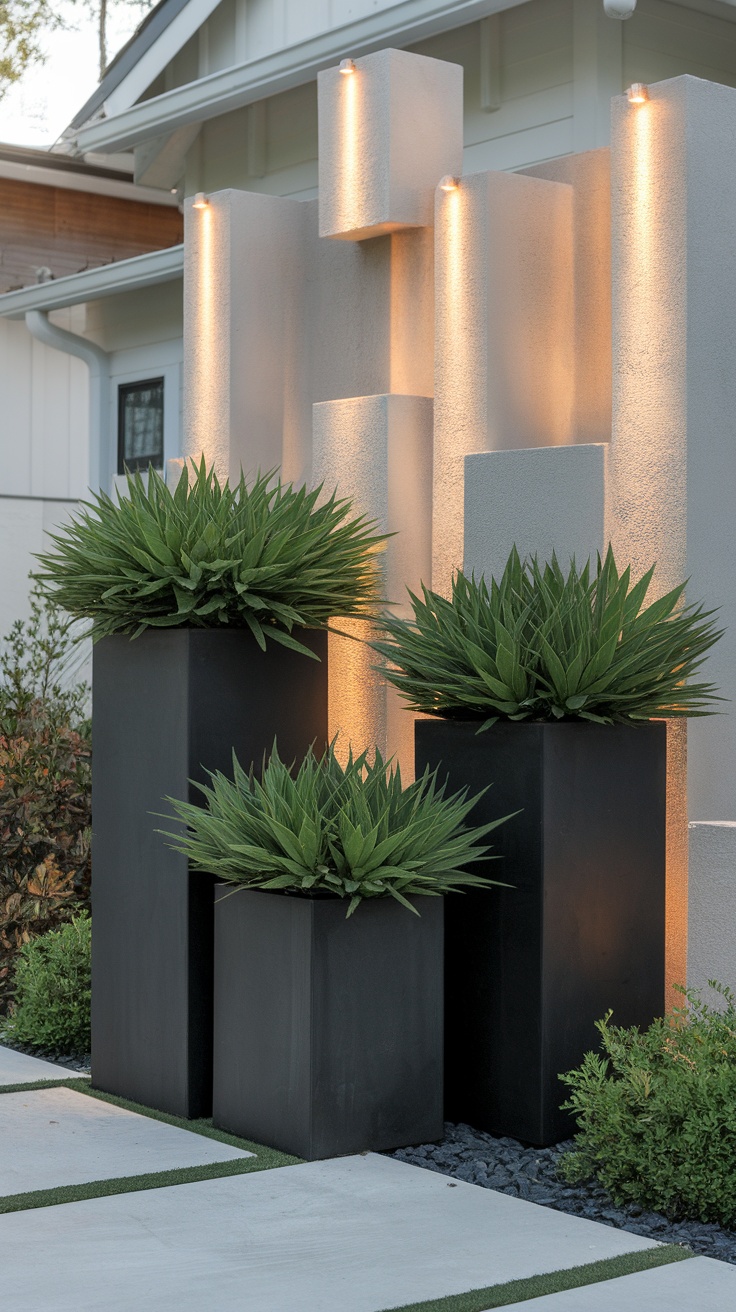 A modern front yard with sculptural entryway featuring artistic planters and a textured wall.