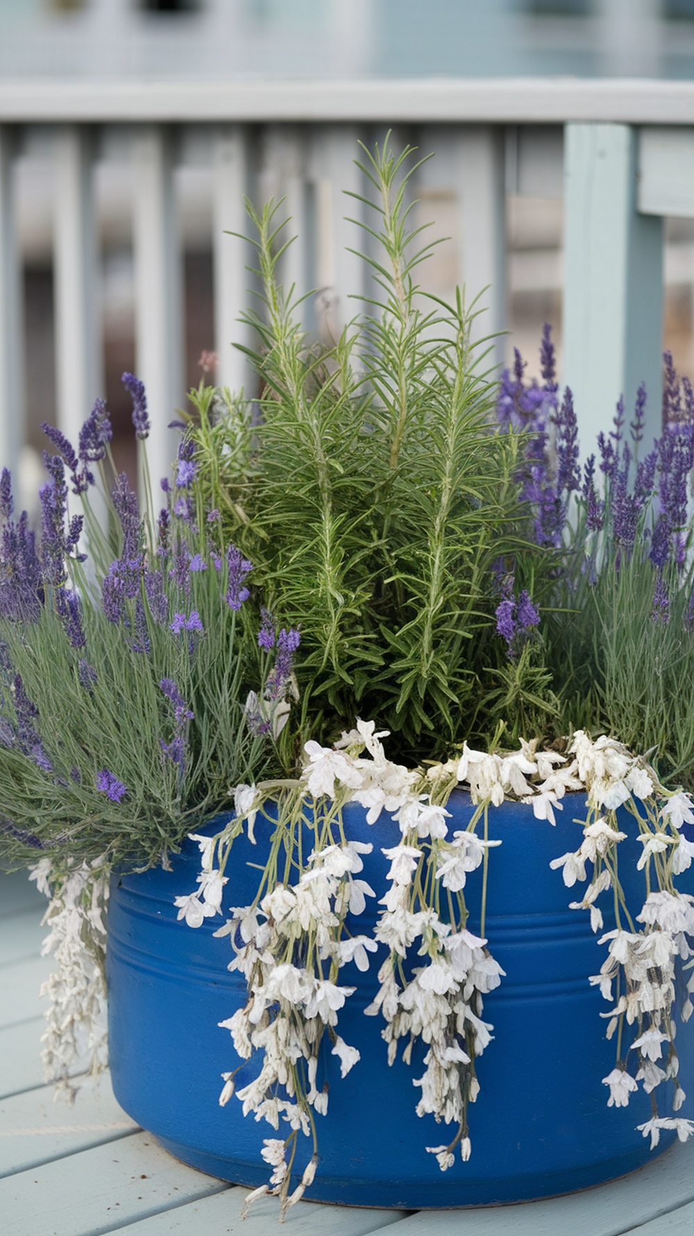 A blue pot filled with lavender and white flowers on a patio