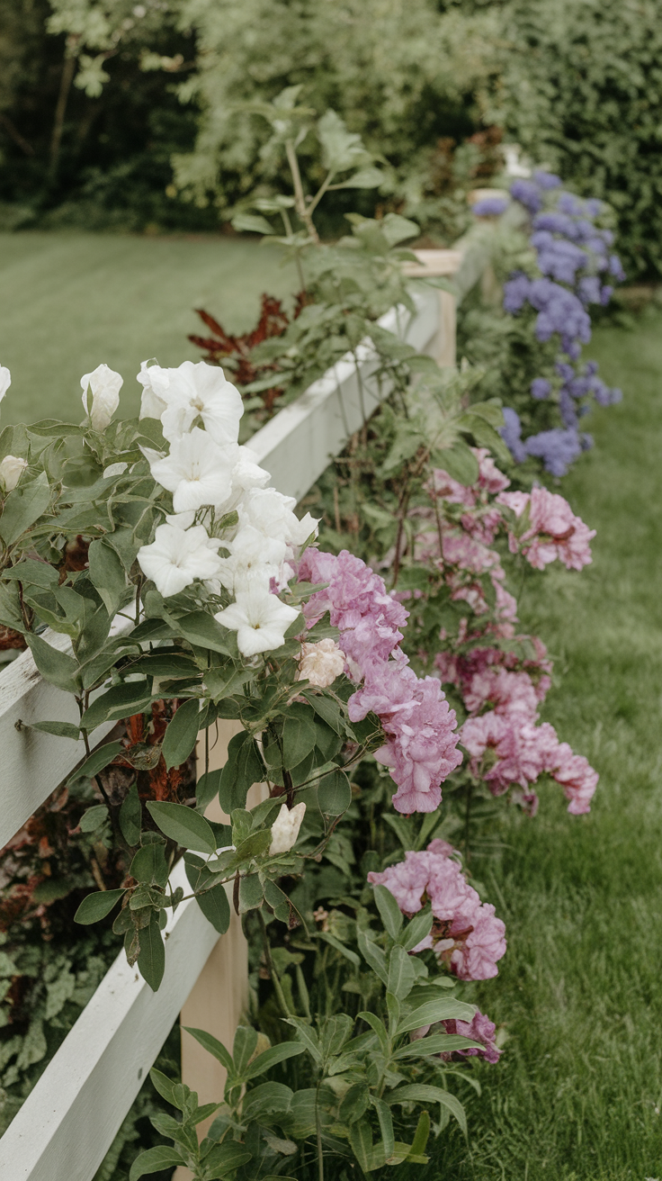 A garden fence adorned with white and pink flowers, alongside vibrant blue blooms.