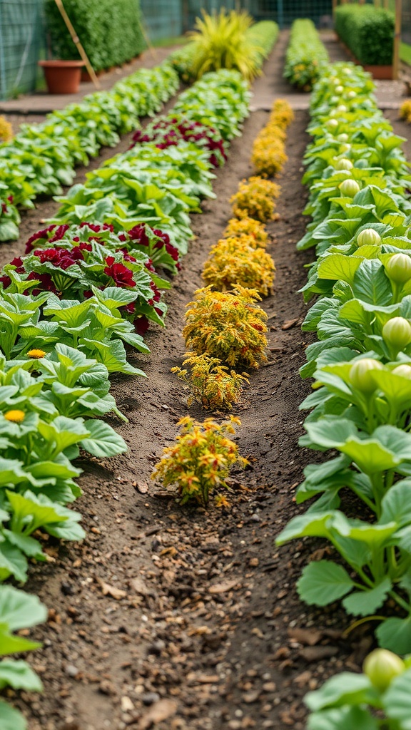 A beautifully organized cottage garden with rows of vibrant vegetables and flowers.