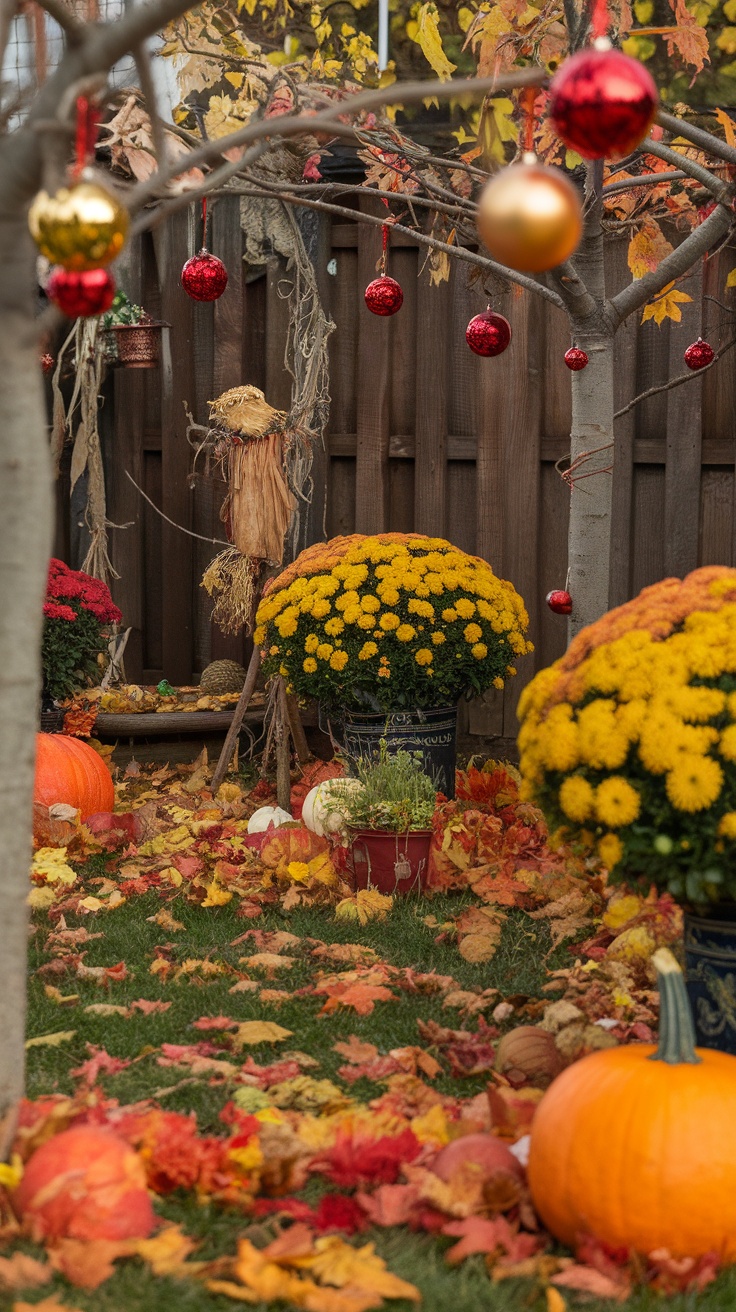 A small garden decorated for fall with pumpkins, colorful leaves, and hanging ornaments.