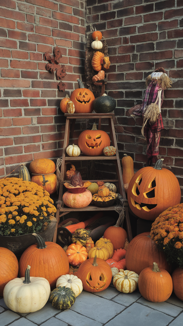 A corner garden decorated with various pumpkins, flowers, and a scarecrow, perfect for autumn.
