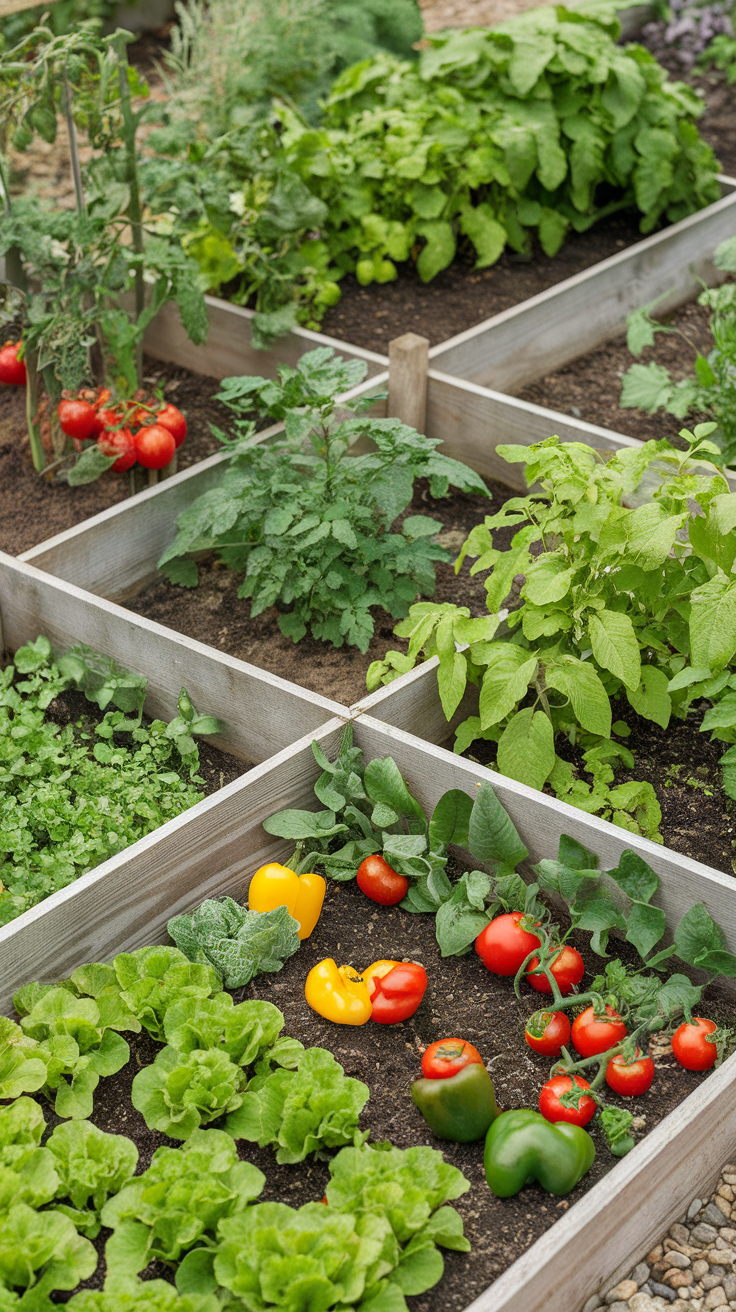 A vibrant vegetable garden with organized wooden dividers and various plants growing.