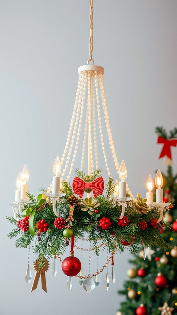 A festive chandelier decorated with succulents, pine, red ornaments, and lights.