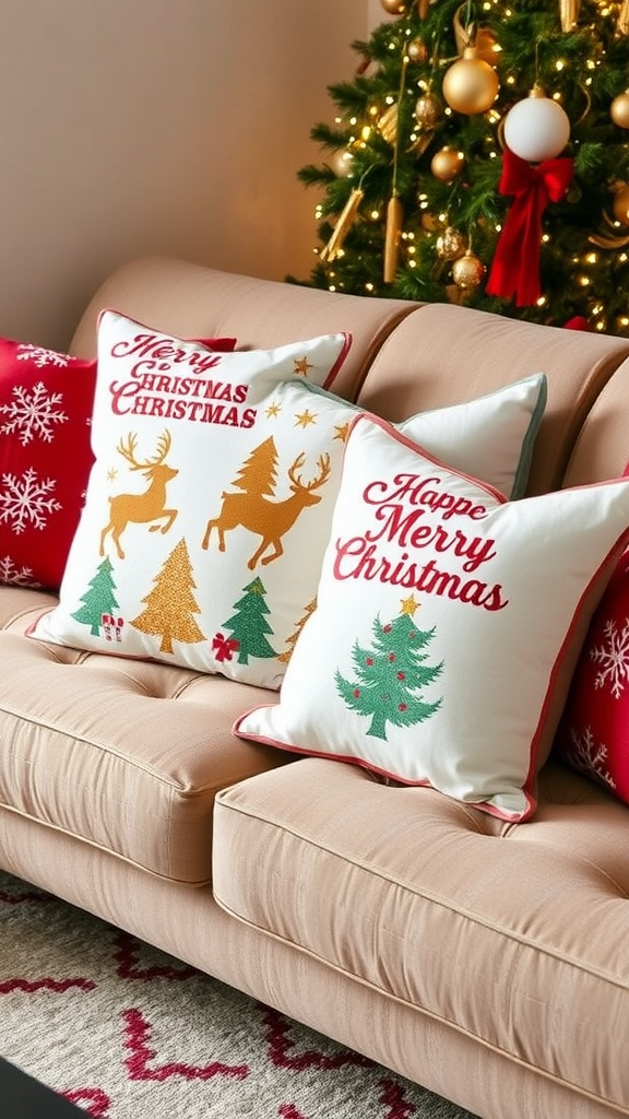 Decorative throw pillows with Christmas designs on a couch