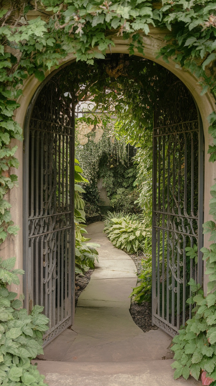 A beautiful secret garden entrance framed by lush greenery and iron gates.