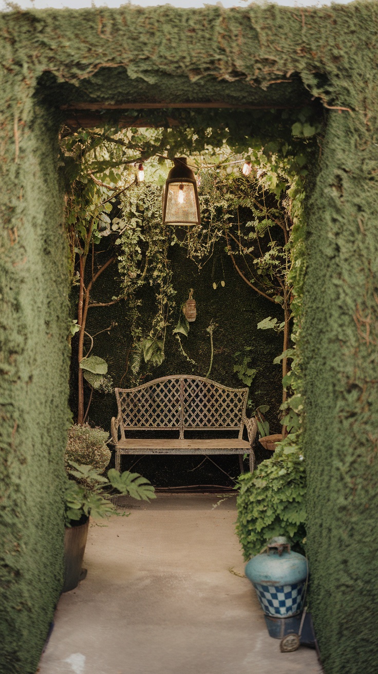 A hidden garden nook with a bench surrounded by lush greenery and soft lighting.