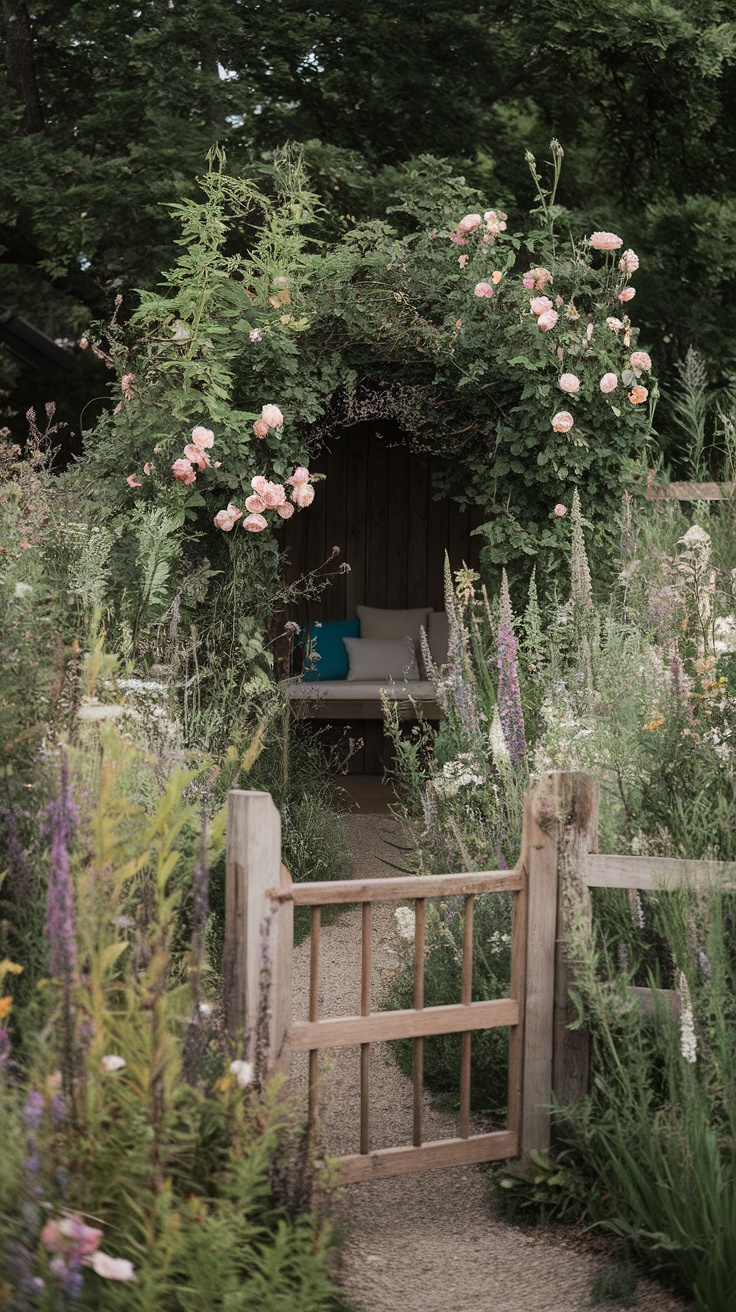 A picturesque wildflower garden with a wooden gate and a cozy seating area surrounded by blooming flowers.