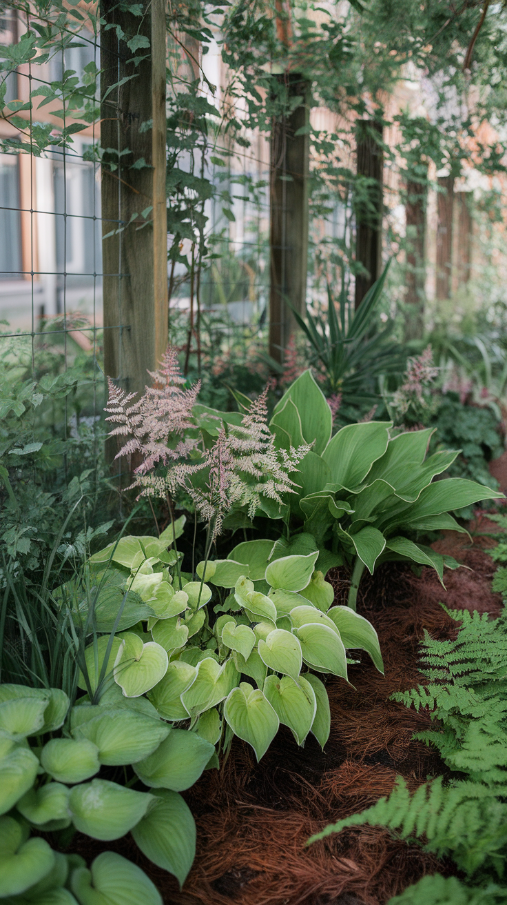 A lush garden featuring various shade-tolerant plants including hostas and ferns.