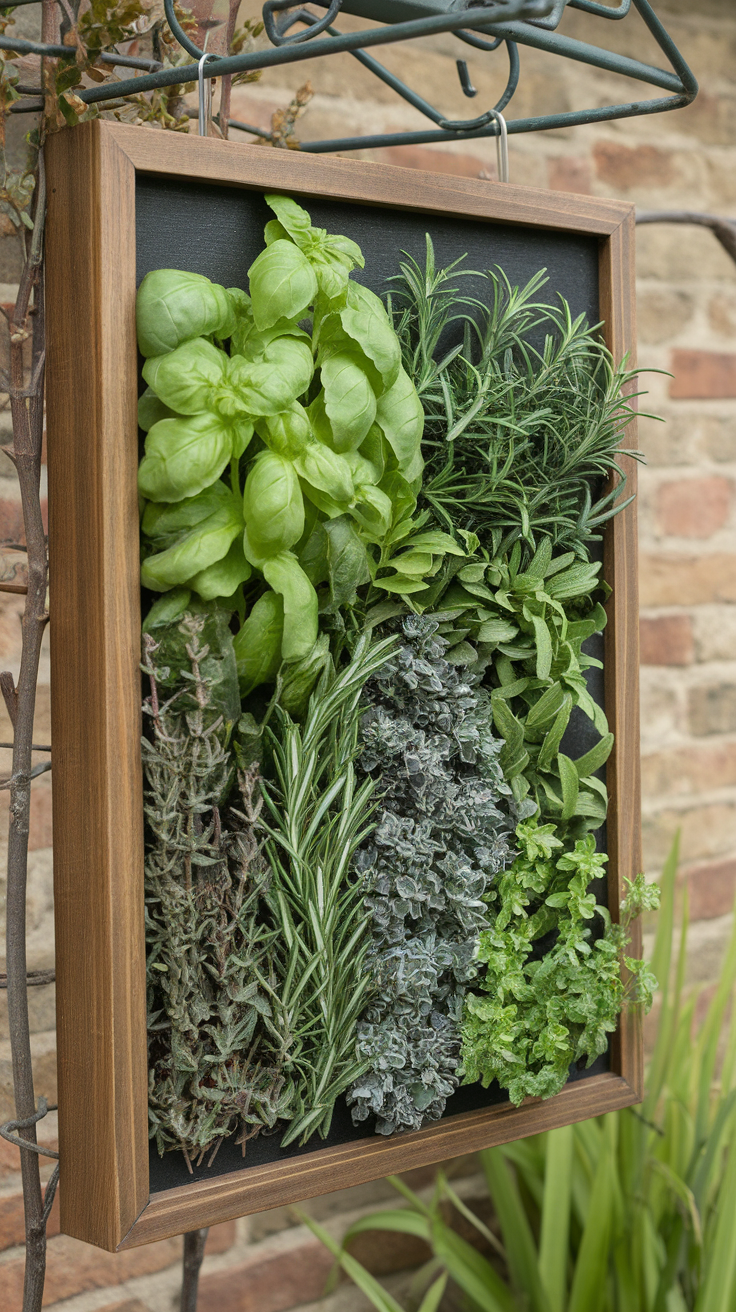 A shadow box herb garden with various herbs like basil, rosemary, and thyme arranged in a wooden frame.