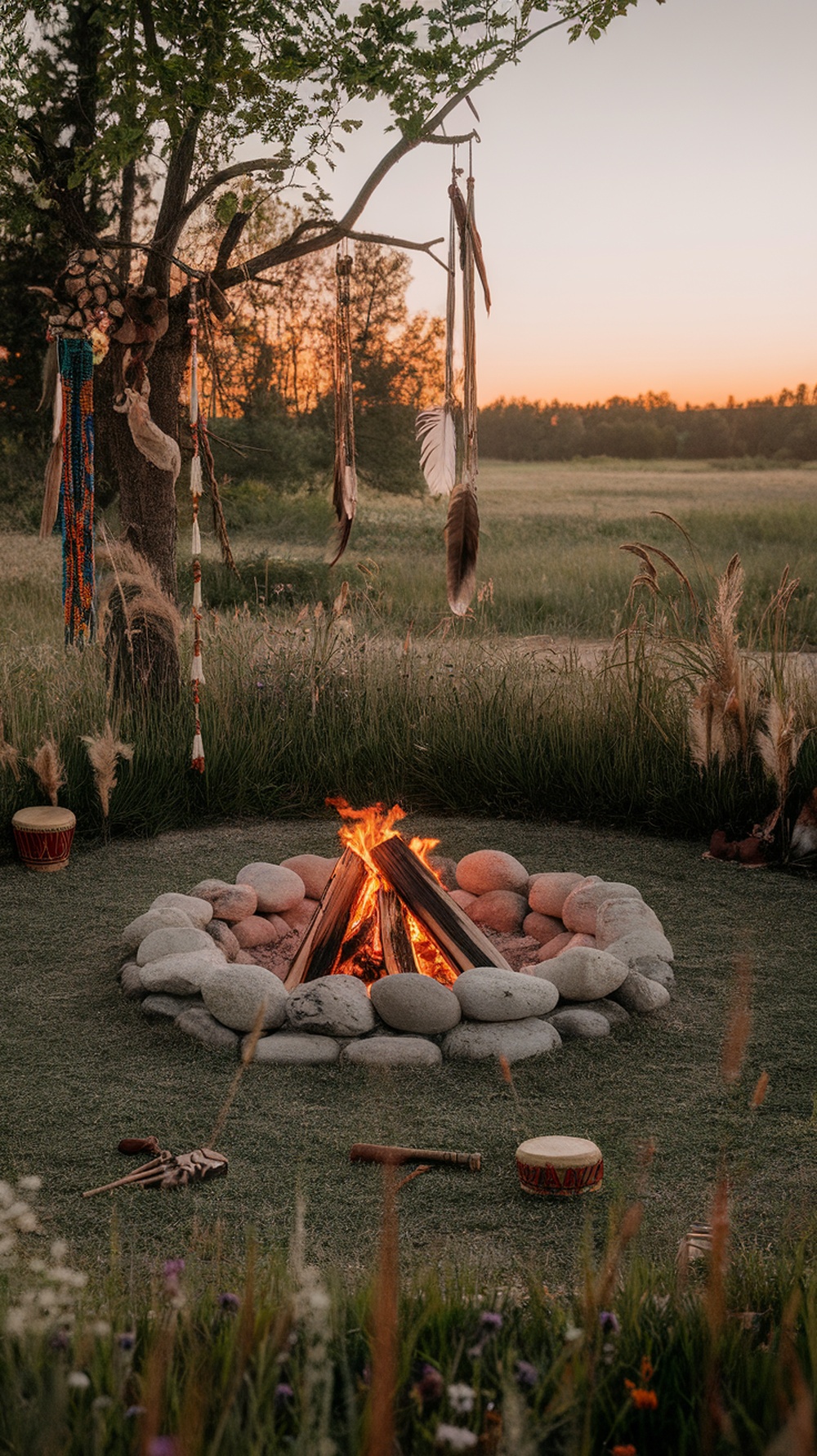 A serene shamanic fire pit garden with a central fire surrounded by stones and decorated with hanging feathers and beads from a tree.