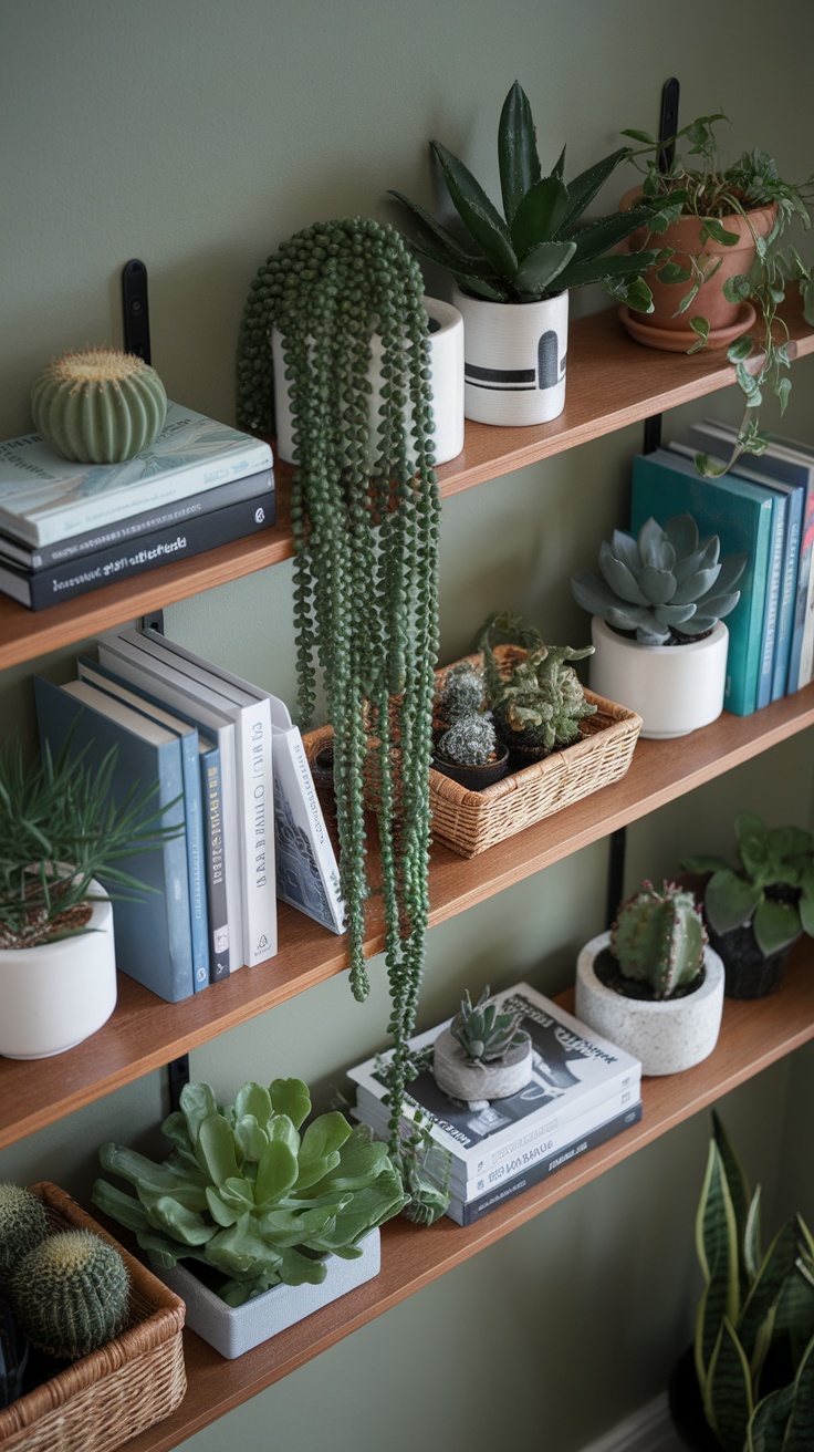 A wooden shelf filled with various small plants and books, showcasing a stylish indoor plant display.